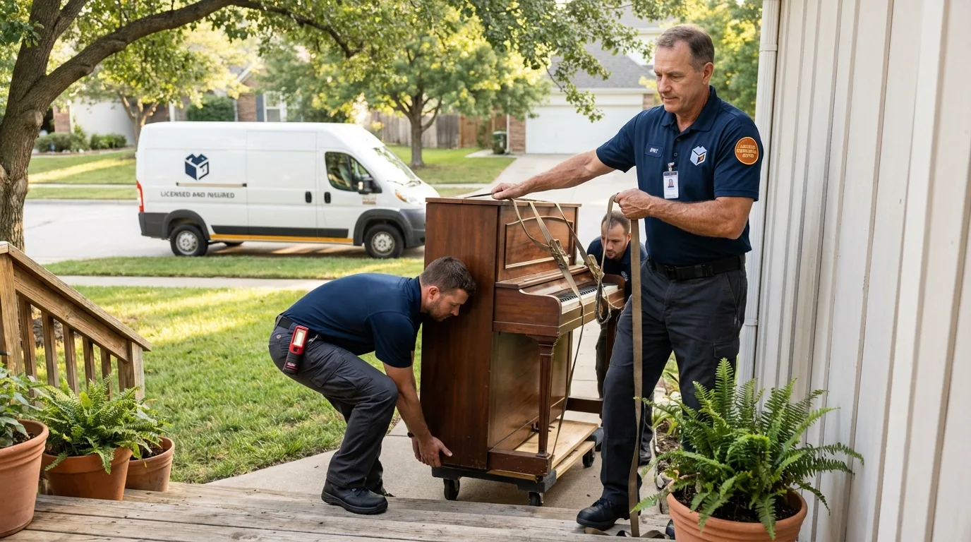Licensed piano movers securing grand piano in Pen Argyl, PA