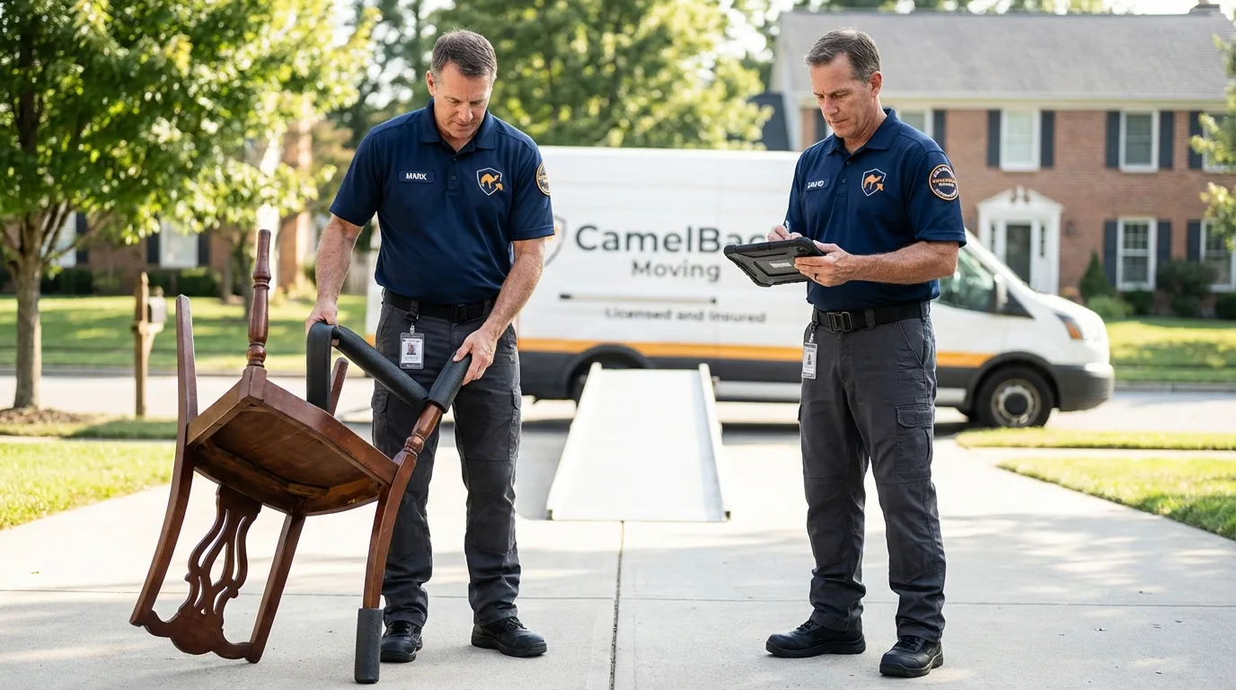 Movers inspecting furniture for damage prevention before loading in Pen Argyl, PA