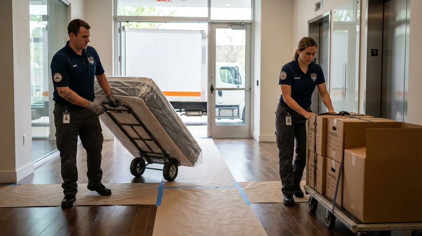 Professional apartment movers loading elevator in Pen Argyl, PA