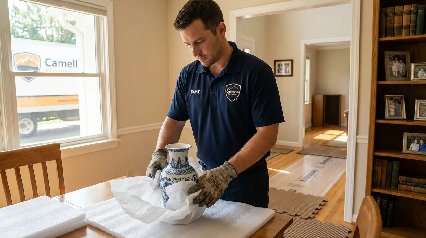 Professional crew carefully wrapping antique vase for senior downsizing move in Pen Argyl, PA